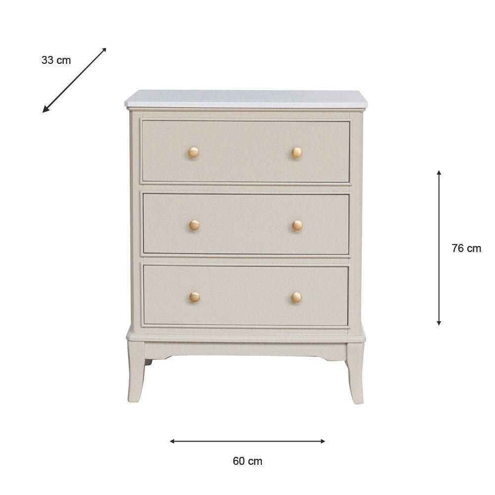 A three-drawer chest of drawers in a light beige / stone colour with small round gold knobs, shown with dimension arrows and labels indicating 60 cm width, 76 cm height, and 33 cm depth on a white background.
