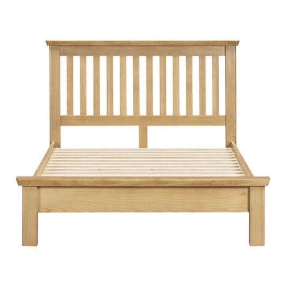 A light natural oak single bed frame with a slatted headboard and matching slatted base, shown on a plain white background.