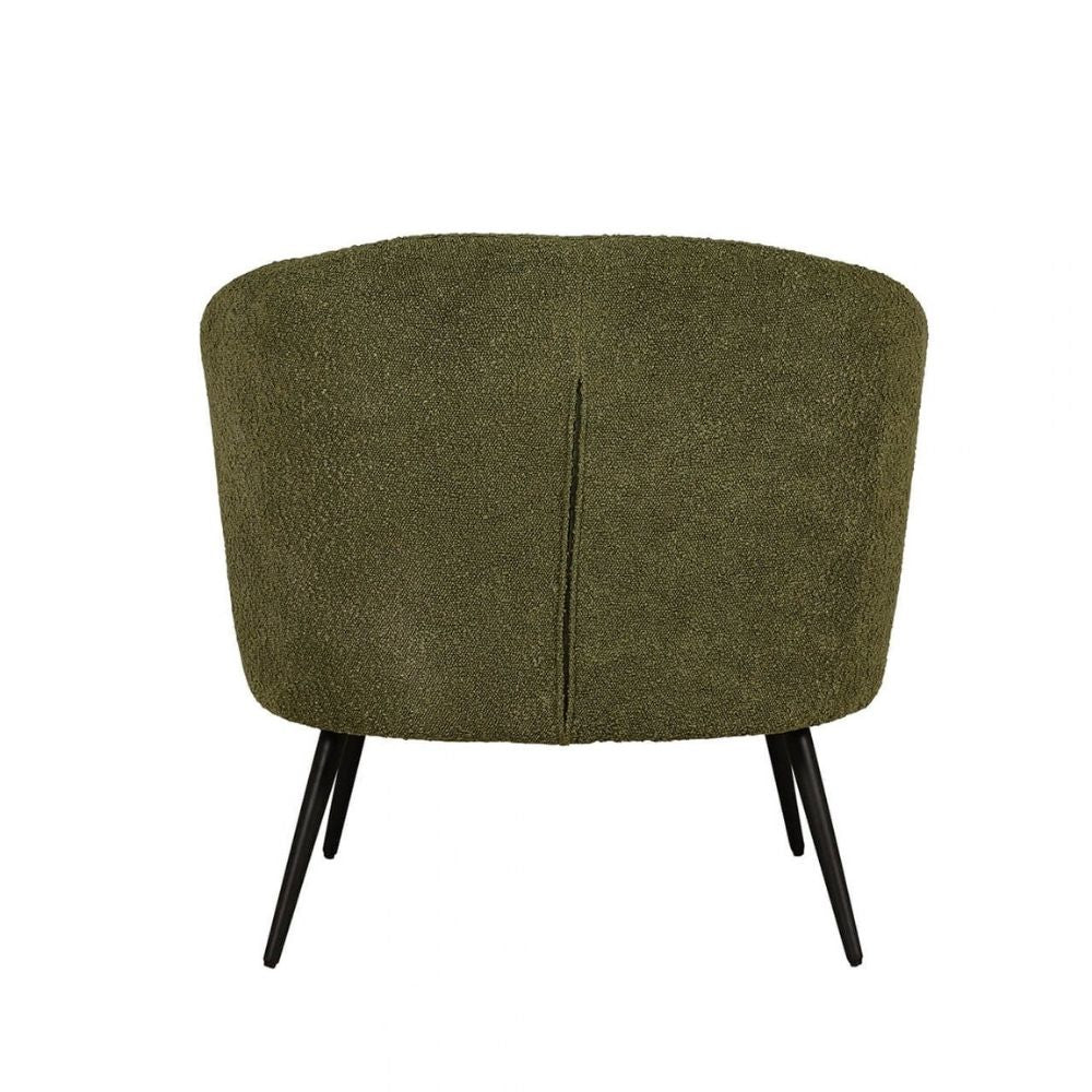 An olive green bouclé barrel chair with black metal legs, shown from the back against a plain white background.