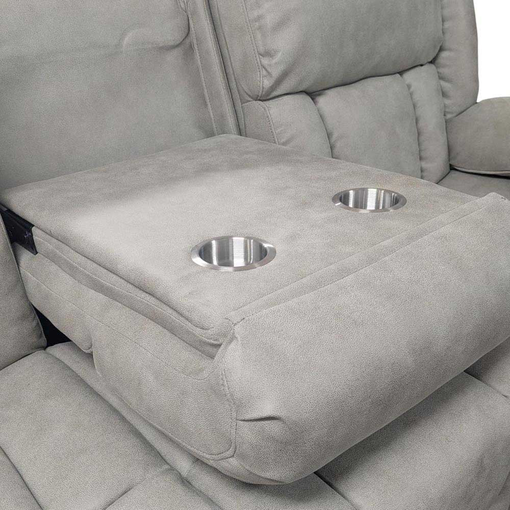 Gray recliner with cup holders on armrests