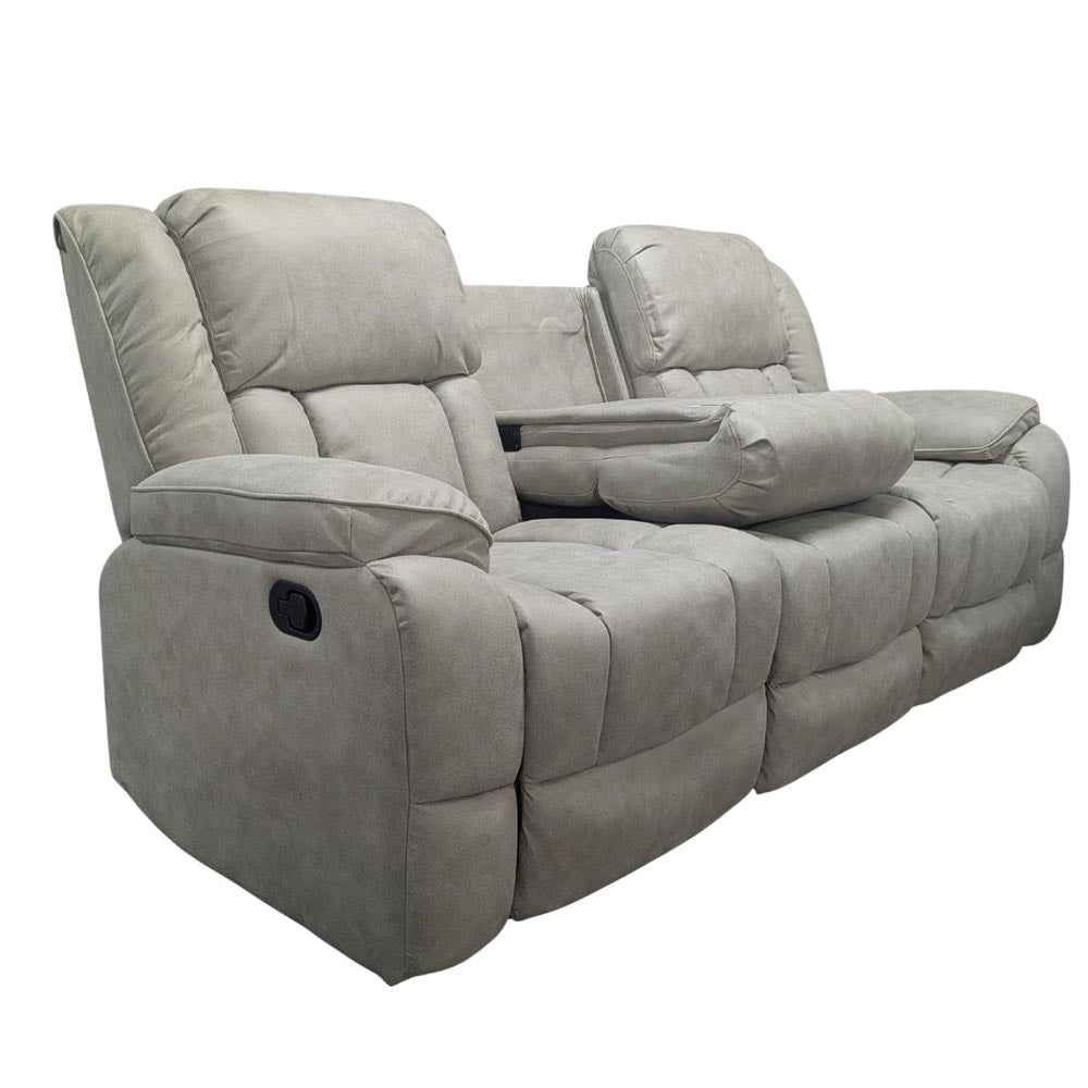 Gray reclining sofa with cup holders on a white background