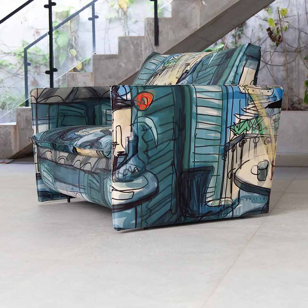 Colorful armchair with artistic design in a modern indoor setting