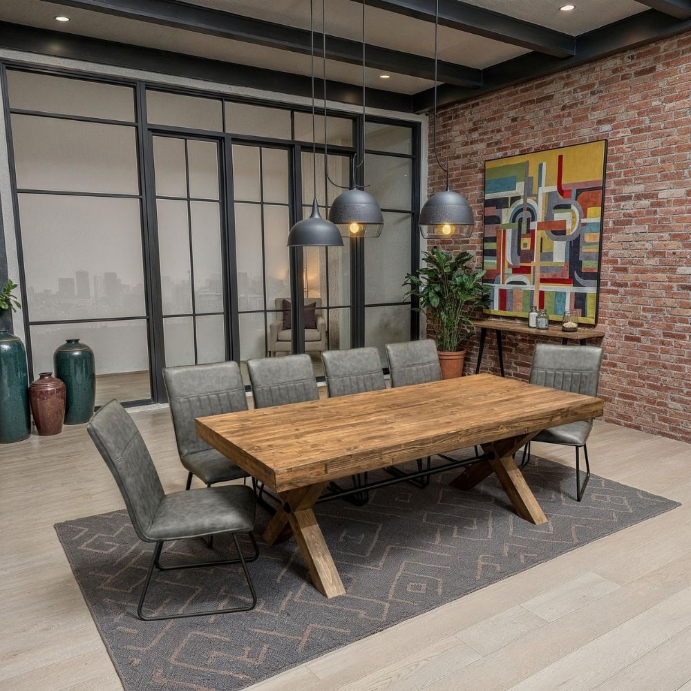 Six grey alfie dining chairs around a large oak dining table in an office / co-working space