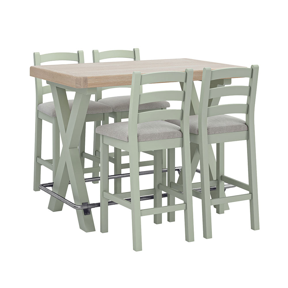 Sage painted oak Bar Table and 4 matching sage painted oak bar chairs.