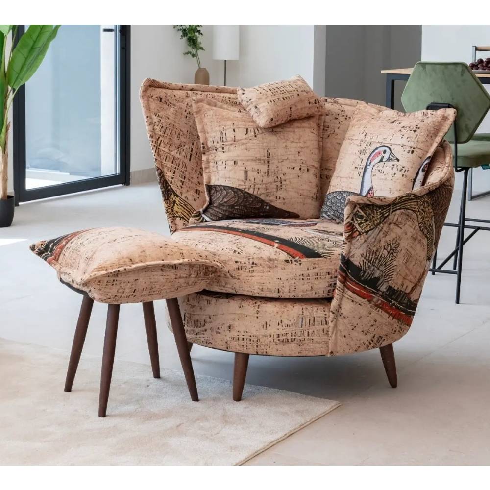 A modern lounge chair with a matching footstool, upholstered in a beige fabric patterned with musical notes and a swan design, set in a bright, contemporary living room.