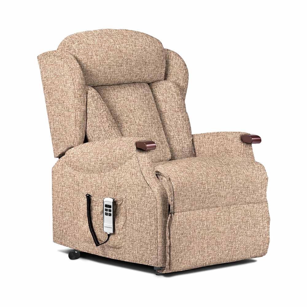 Hazelnut lift and rise recliner chair with armrests and control panel on a white background