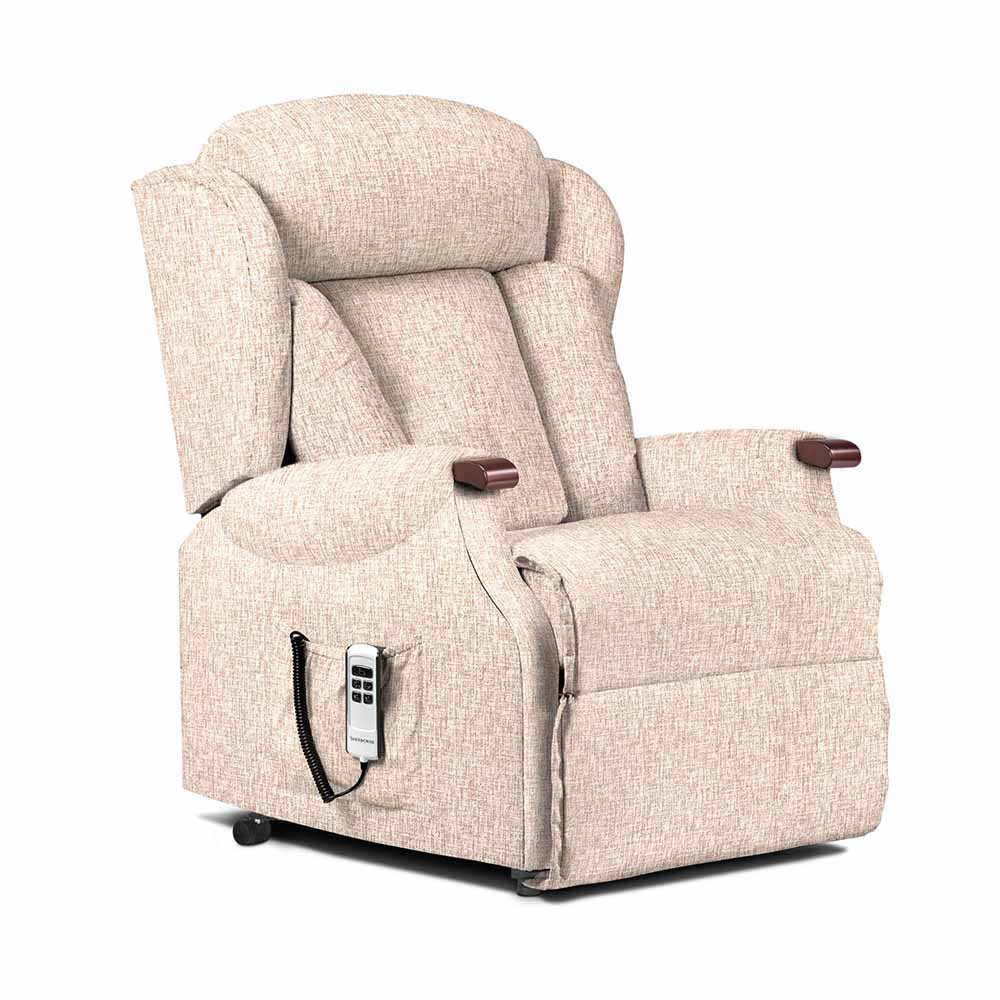 Beige recliner chair with remote control on a white background
