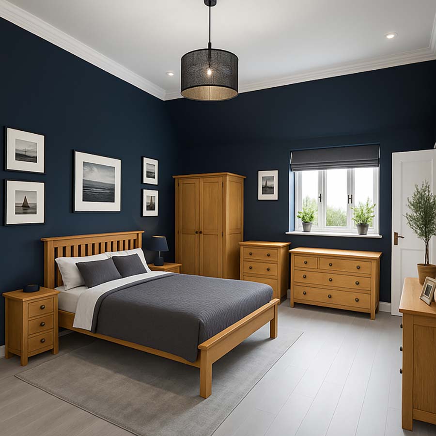 Modern bedroom with solid oak furniture and dark blue walls