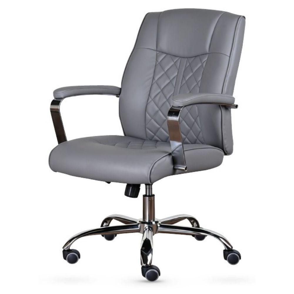 A gray faux leather office chair with diamond-quilted stitching on the backrest and seat, featuring chrome-finished arm supports and a five-star wheeled base.