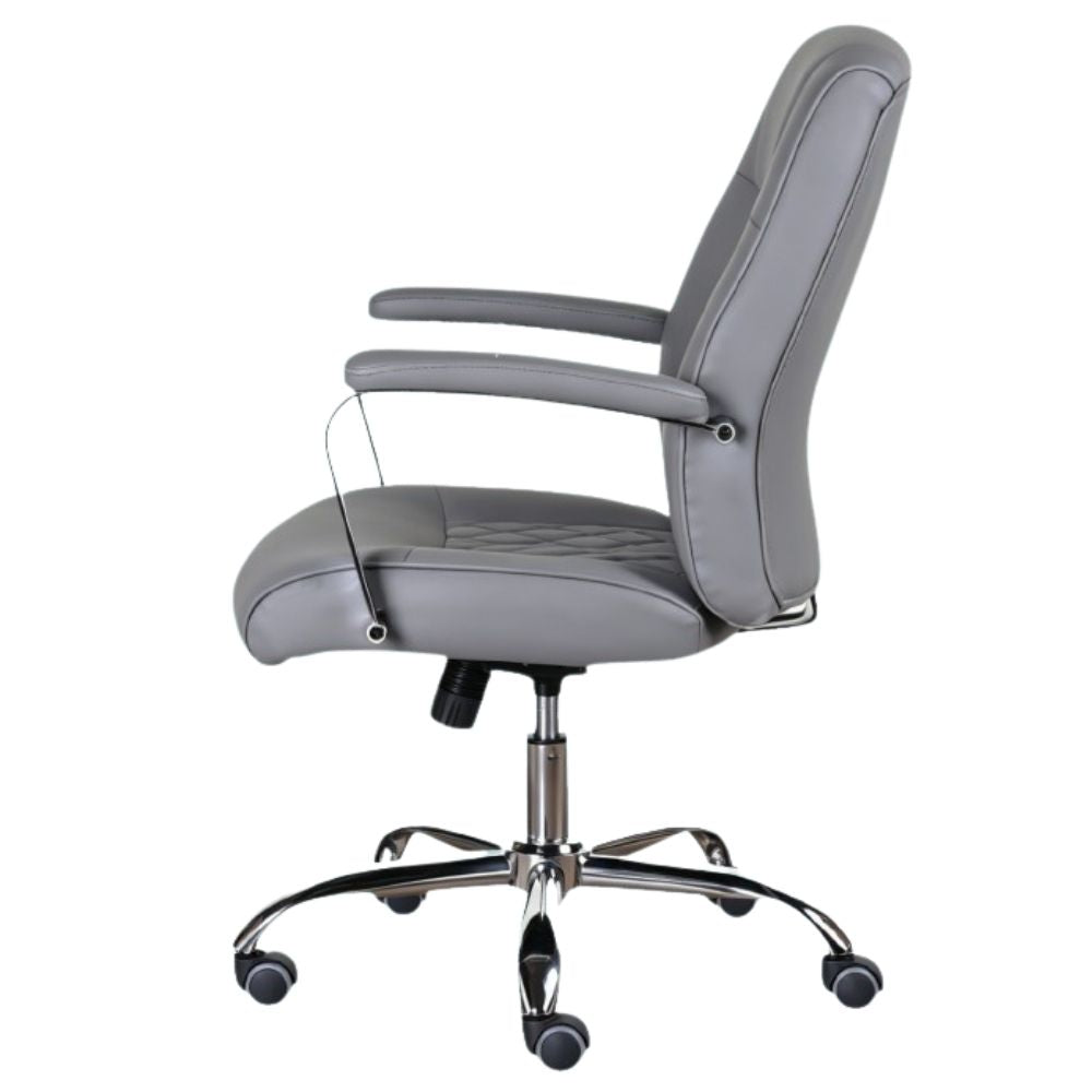 A side view of an executive office chair upholstered in grey PU leather, featuring padded armrests, a chrome five-star base, and black caster wheels, shown against a plain white background.