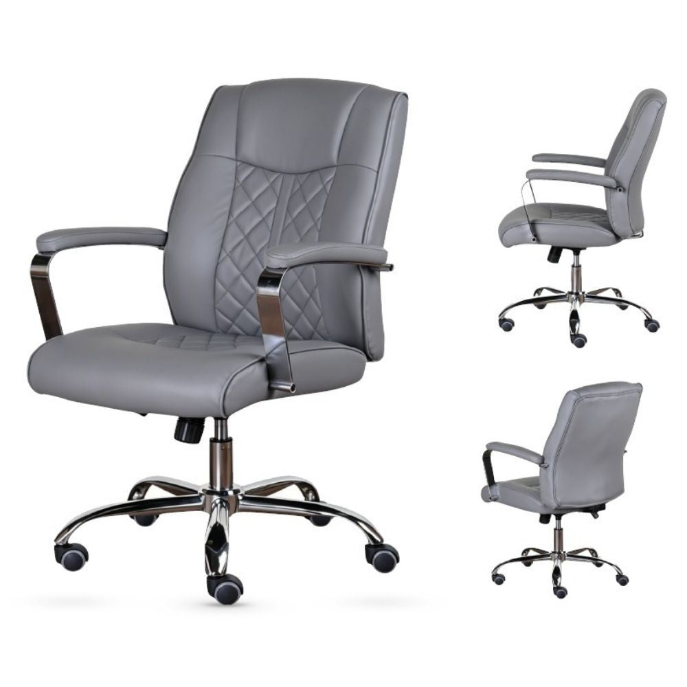 Gray faux leather office chair with diamond-quilted backrest, padded armrests, and a chrome five-star wheeled base, shown from three angles on a white background.