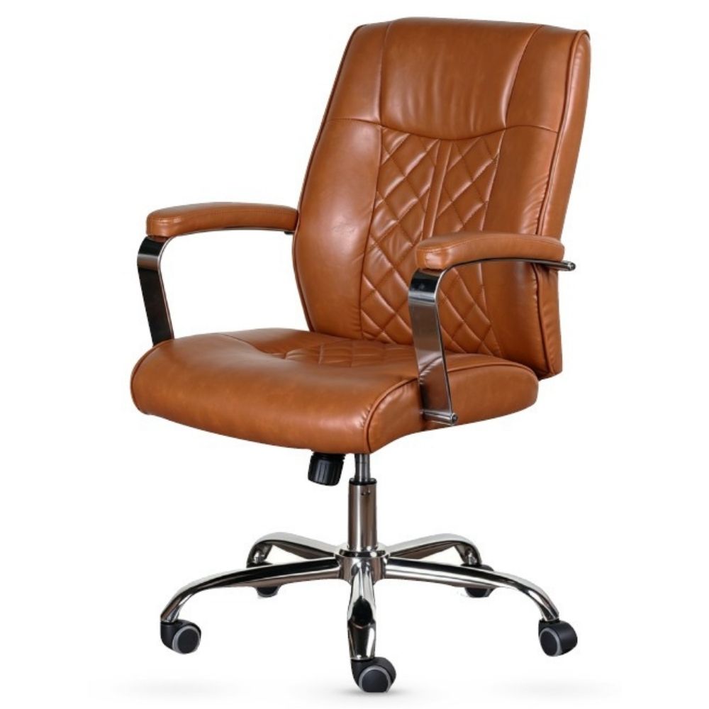A brown faux leather office chair with diamond-quilted stitching on the backrest and seat, featuring chrome armrest supports and a five-star swivel base with black casters, shown against a plain white background.