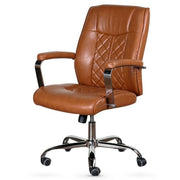 A brown faux leather office chair with diamond-quilted stitching on the backrest and seat, featuring chrome armrest supports and a five-star swivel base with black casters, shown against a plain white background.