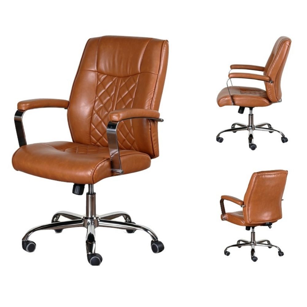 A tan faux-leather office chair with diamond-quilted backrest and padded armrests, shown from the front with two smaller side/back angle views on a white background.