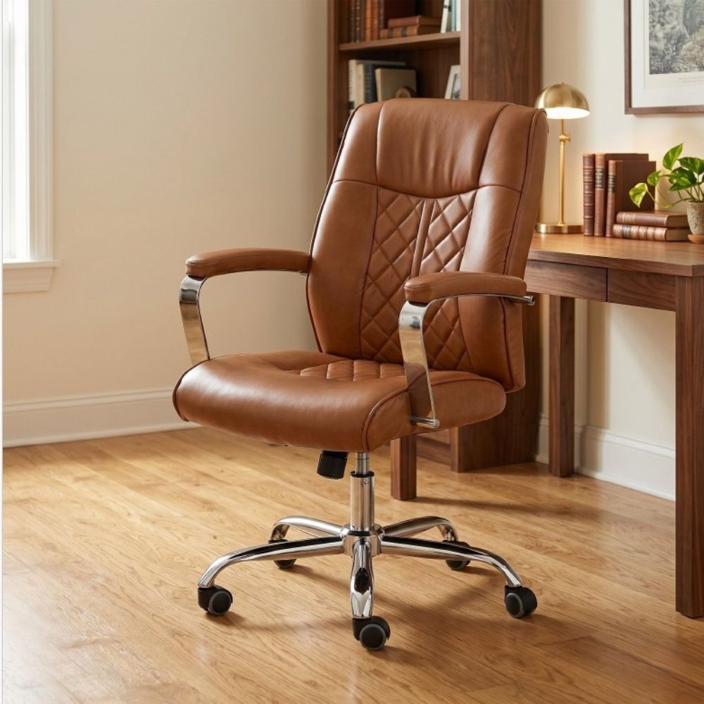 A brown faux-leather office chair with diamond-quilted backrest and padded armrests, mounted on a chrome five-star wheeled base, shown in a home office setting next to a wooden desk.
