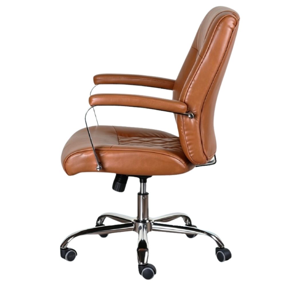 A side view of an executive office chair upholstered in tan PU leather, featuring padded armrests, a chrome five-star base, and black caster wheels, shown against a plain white background.
