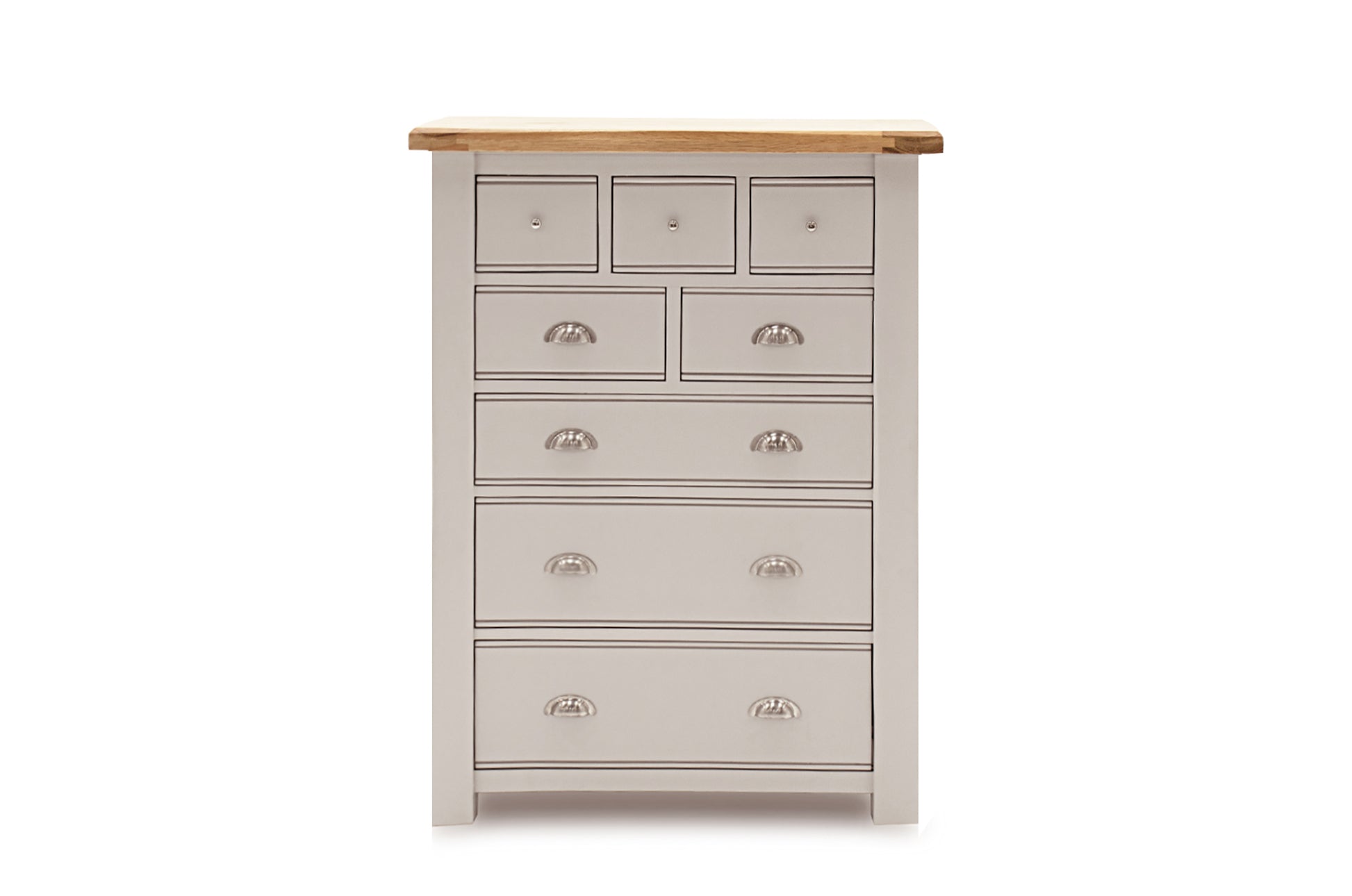 Wooden dresser with multiple drawers on a white background