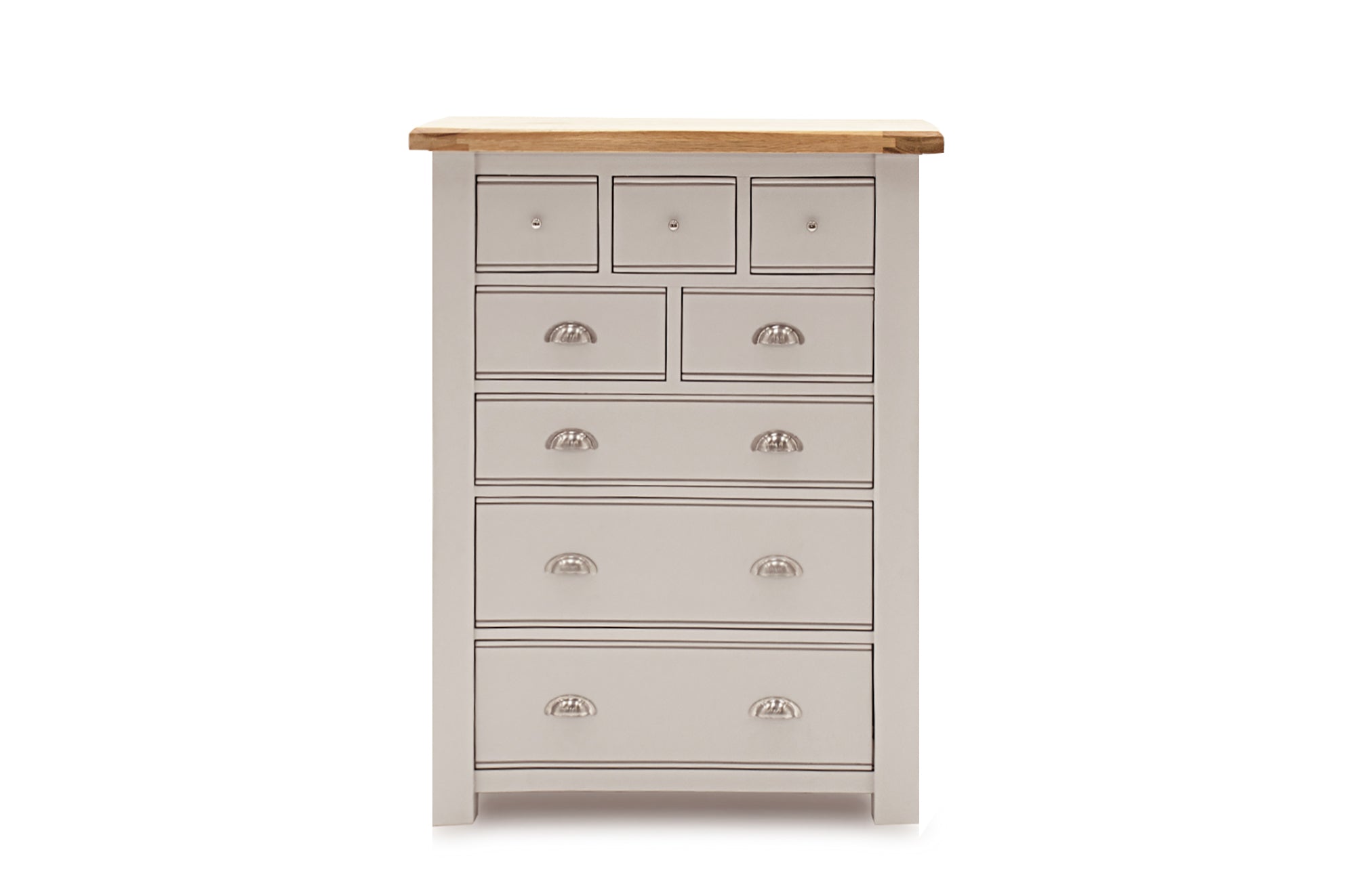 Wooden dresser with multiple drawers on a white background
