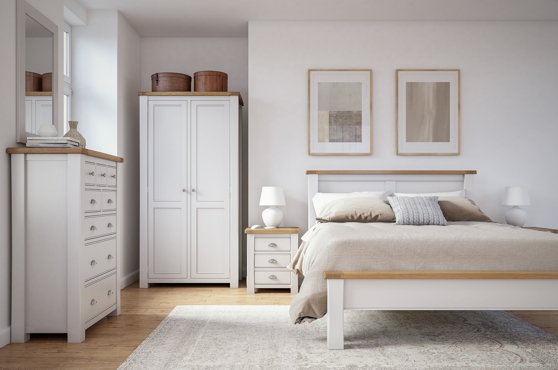 Bedroom with wooden bed, wardrobe, and dresser against a white wall.