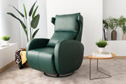 Close up of Kim Motorised reclining Leather Armchair by Fama in Forest Green Colour. Room setting