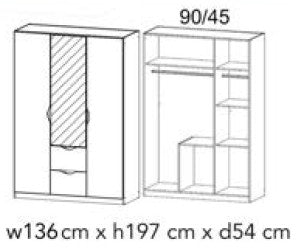 Wardrobe diagram with dimensions w136cm x h197cm x d54cm