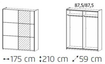 Dimensions of a wardrobe with sliding doors shown in centimeters.