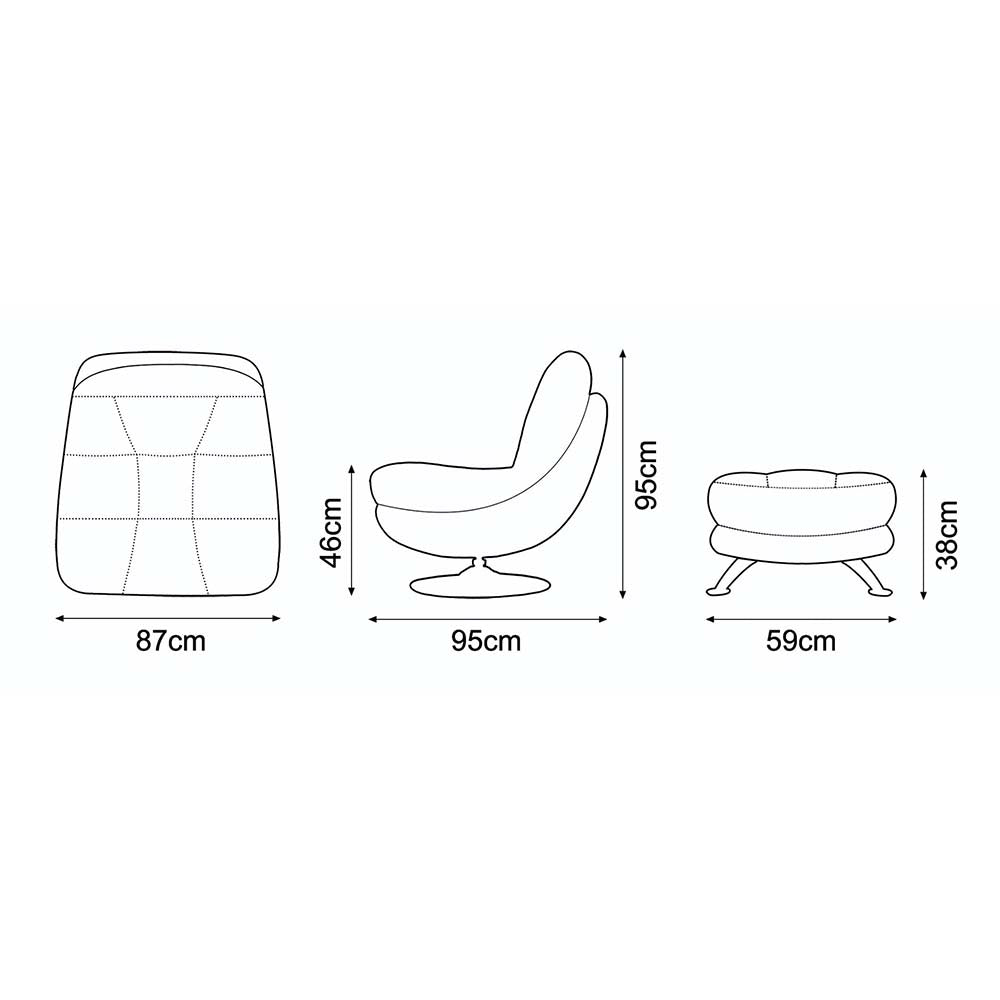 Dimensions of a modern accent / occasional chair and matching footstool on a white background