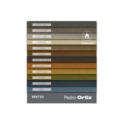 Color swatch card with various shades of fabric and text, featuring the brand 'Pedro Ortiz'.