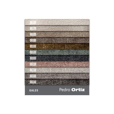 Color swatch card with various textured fabric samples and 'Pedro Ortiz' branding.