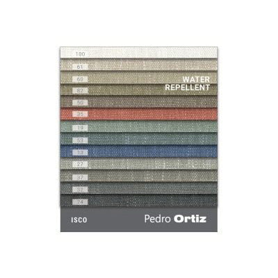 Color swatch book for water repellent fabric with ISCO and Pedro Ortiz branding on a white background