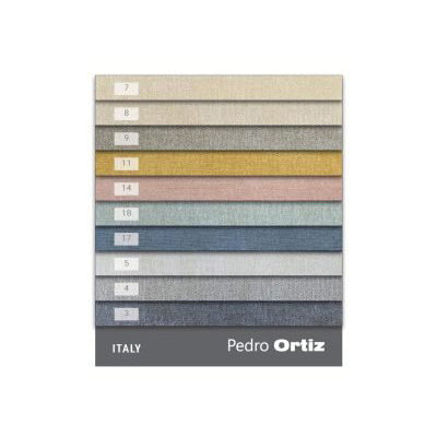 Color swatch card with various fabric textures and colors by Pedro Ortiz on a white background.