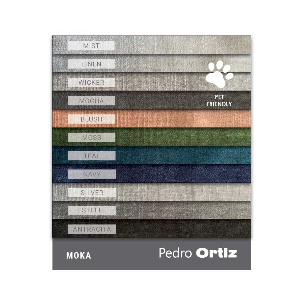 Color swatch card with fabric texture samples and color names by Pedro Ortiz on a white background.