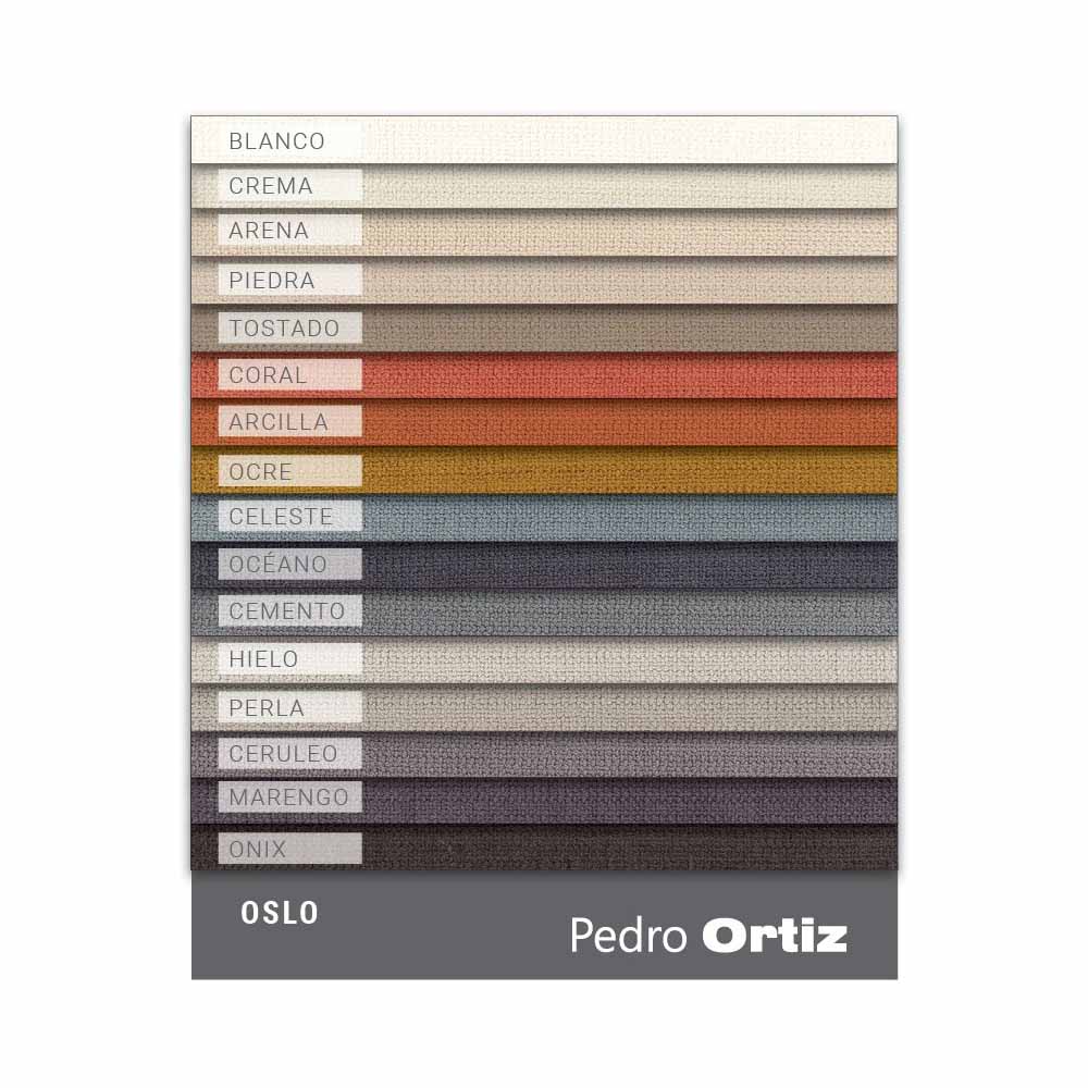 Color swatch chart for 'Oslo' by Pedro Ortiz with various color names and shades.