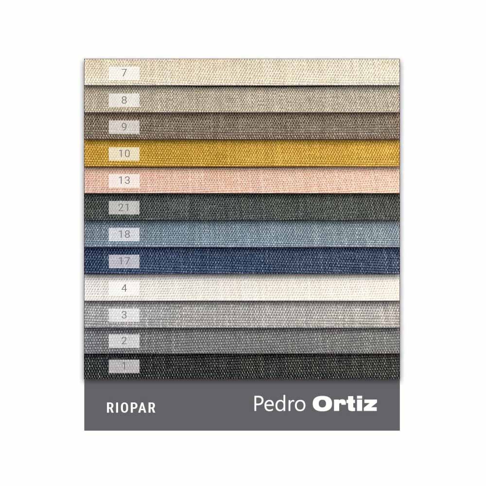 Color swatch card with textured fabric samples and numbers labeled, featuring the brand 'Pedro Ortiz'.