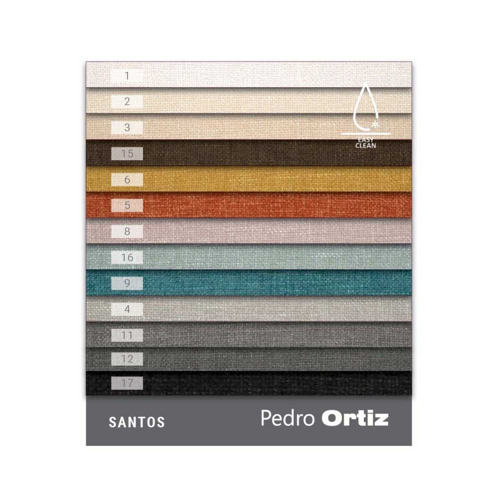 Color swatch card with various fabric textures and colors by Pedro Ortiz on a white background.