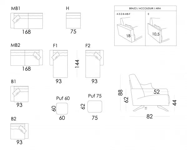 Measurements and Schematics of Bari Sofas, Chair and footstools