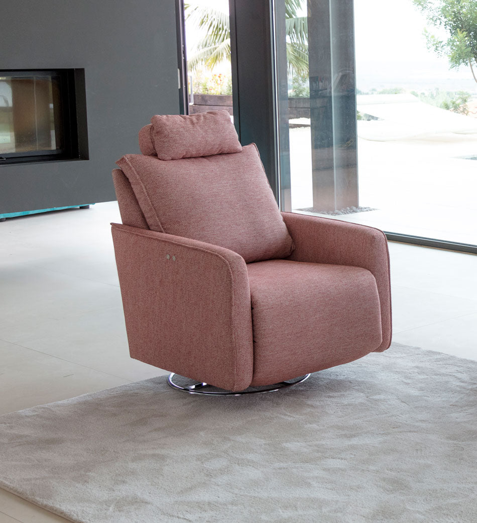 The Bonne Motorised reclining and swivel chair with adjustable headrest by Fama in Red Fabric and Chrome base