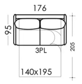 Technical drawing of sofa bed with double mattress with dimensions labeled