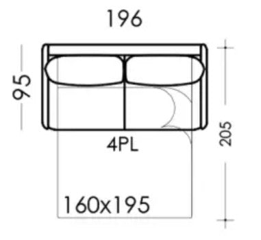 Technical drawing of sofa bed with King mattress with dimensions labeled