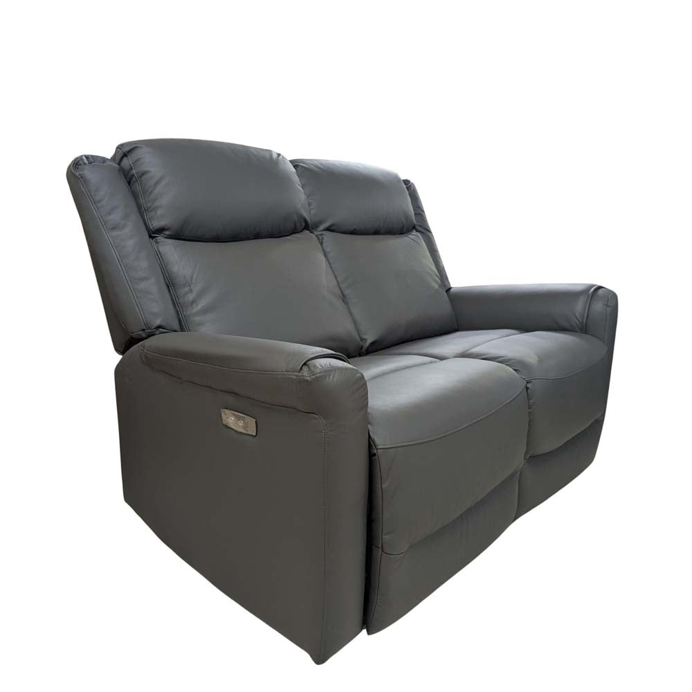 Grey leather electric recliner sofa on a white background