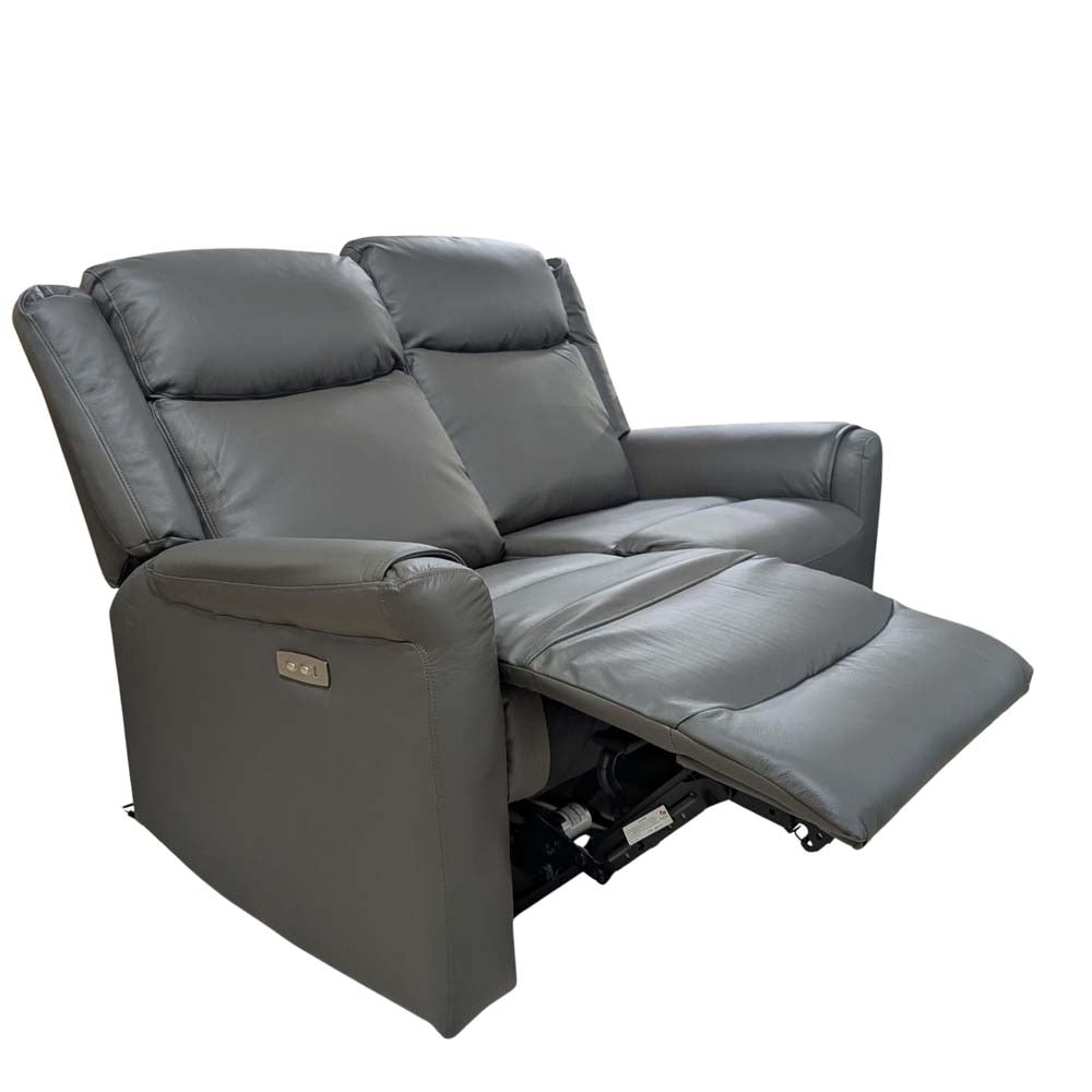 Grey leather 2 seater electric recliner  sofa on a white background