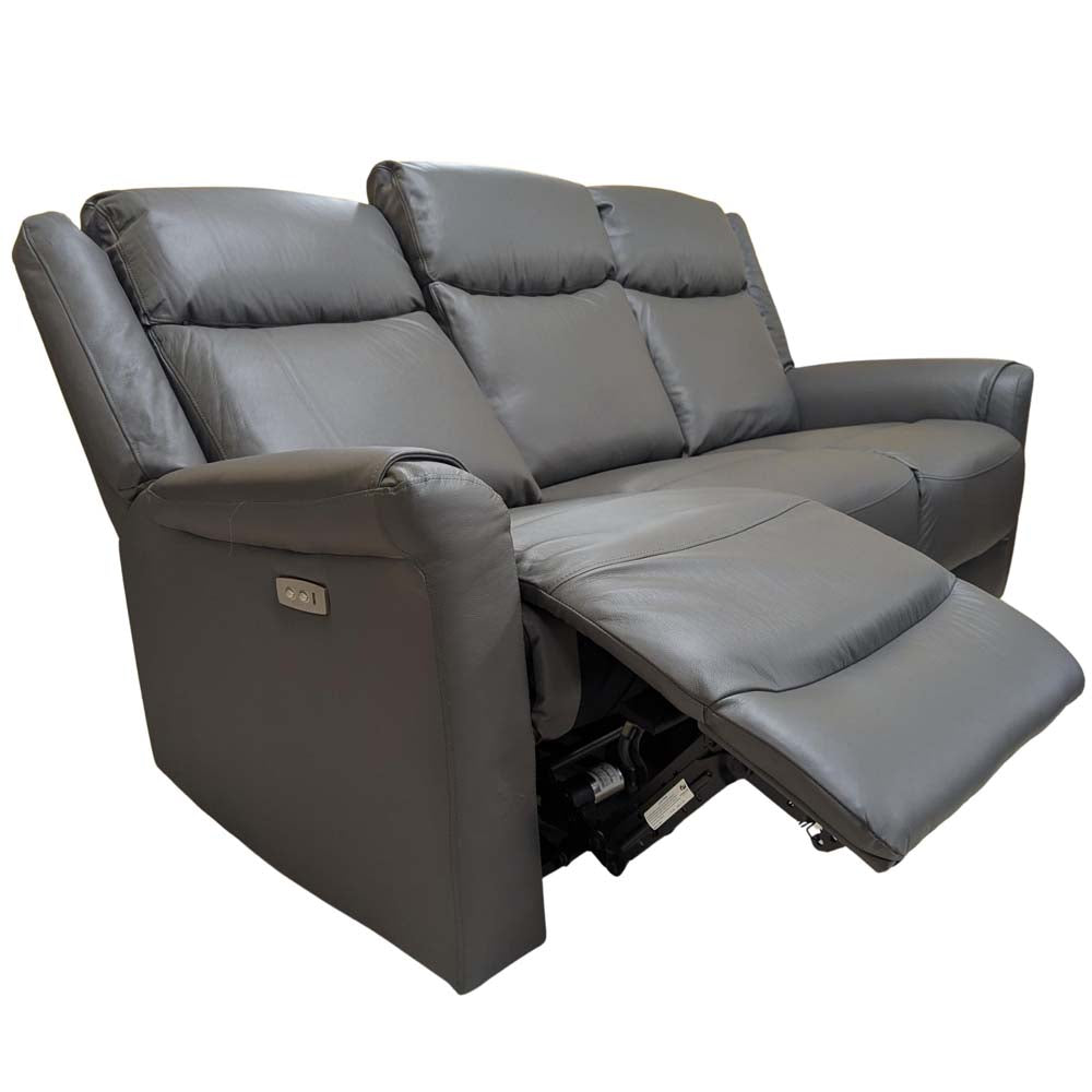 Grey reclining sofa with power recliner buttons and USB port on a white background