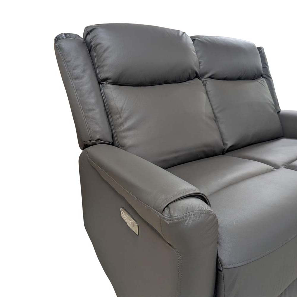 Grey leather electric 2 seater recliner sofa on a white background