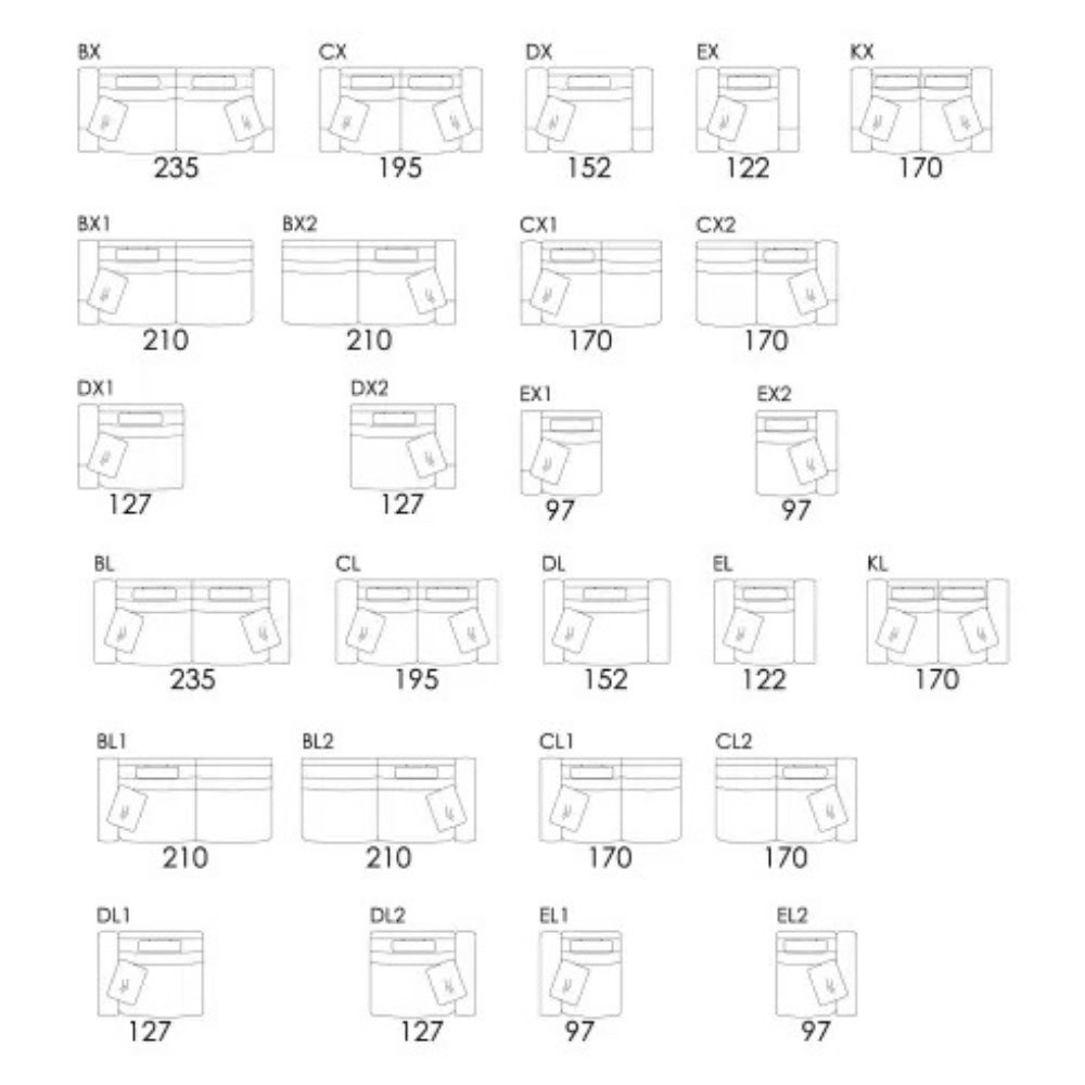 Grid of sectional sofa configurations with measurements in centimeters.