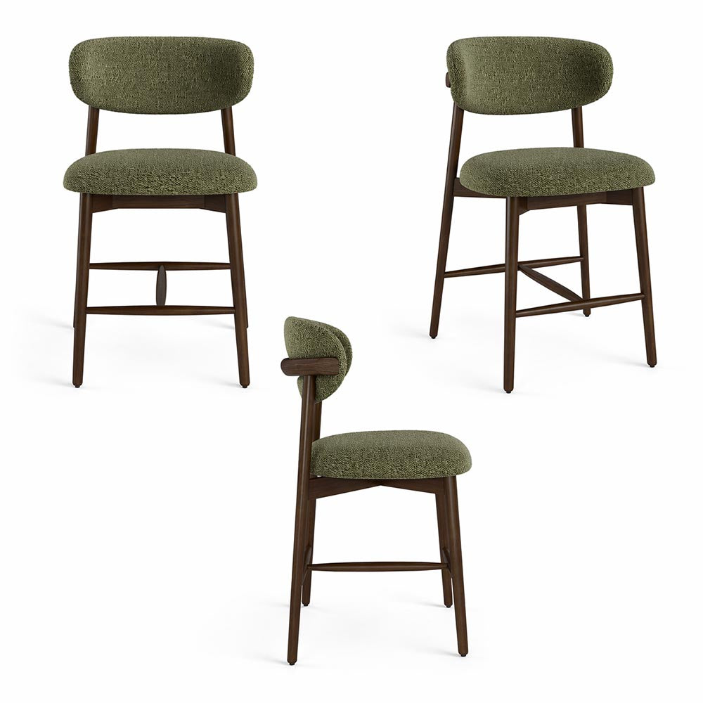 Trio of angles of moss green upholstered bar stool with dark hardwood frame/legs on a white background