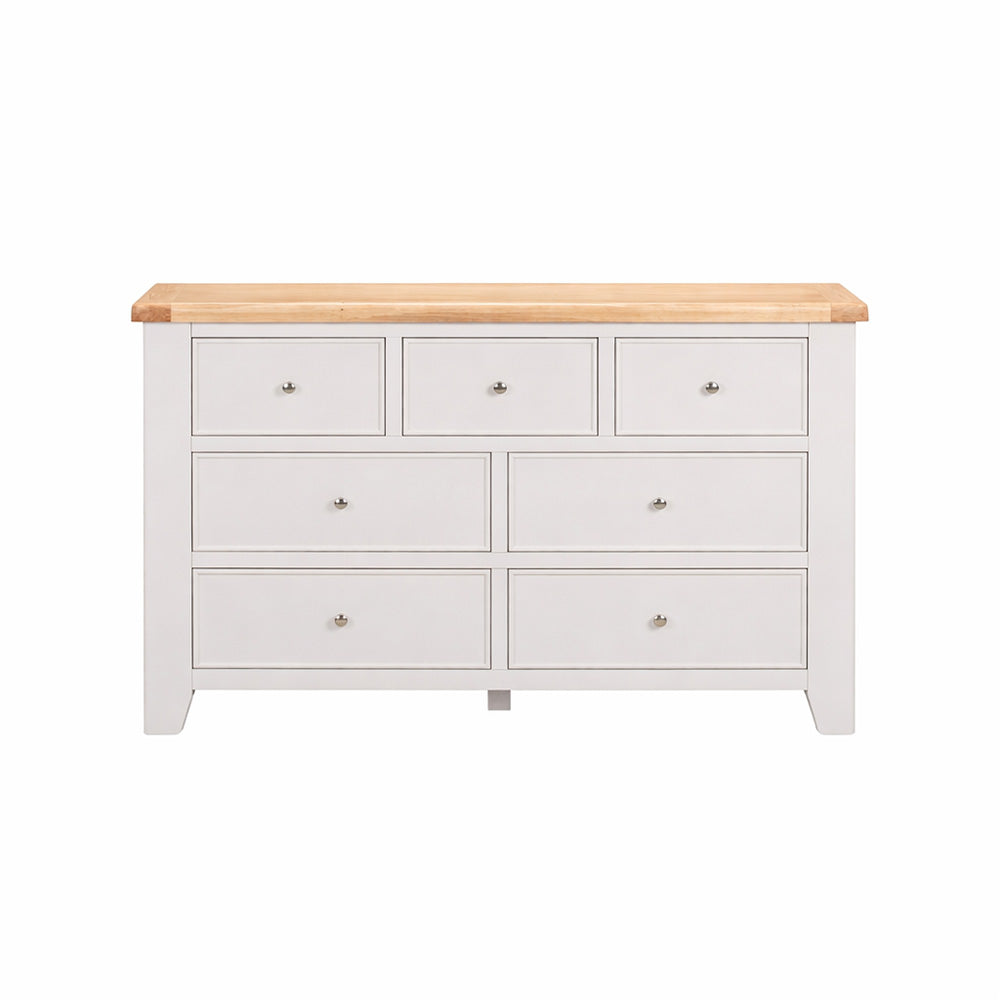 Light grey-beige 7 drawer dresser with oak wooden top on a white background