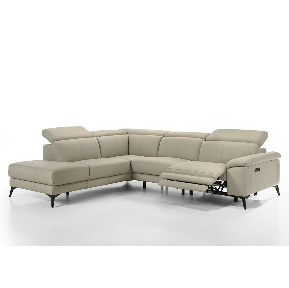 Beige sectional corner sofa with reclining feature on a white background
