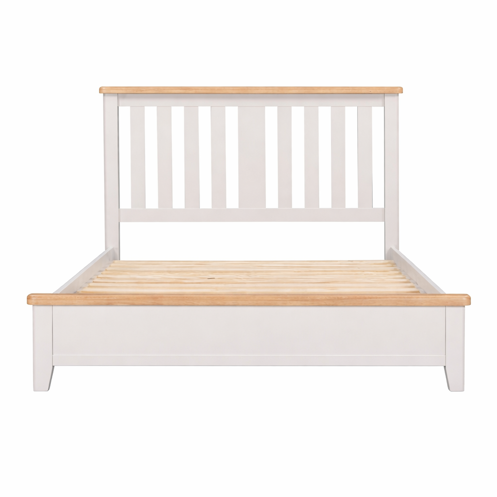 Wooden bed with white frame and wooden slats on a white background