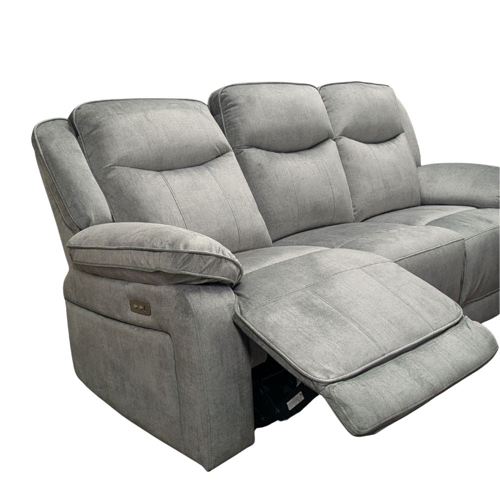 Silver - grey 3 seater electric reclining sofa with built in USB charger