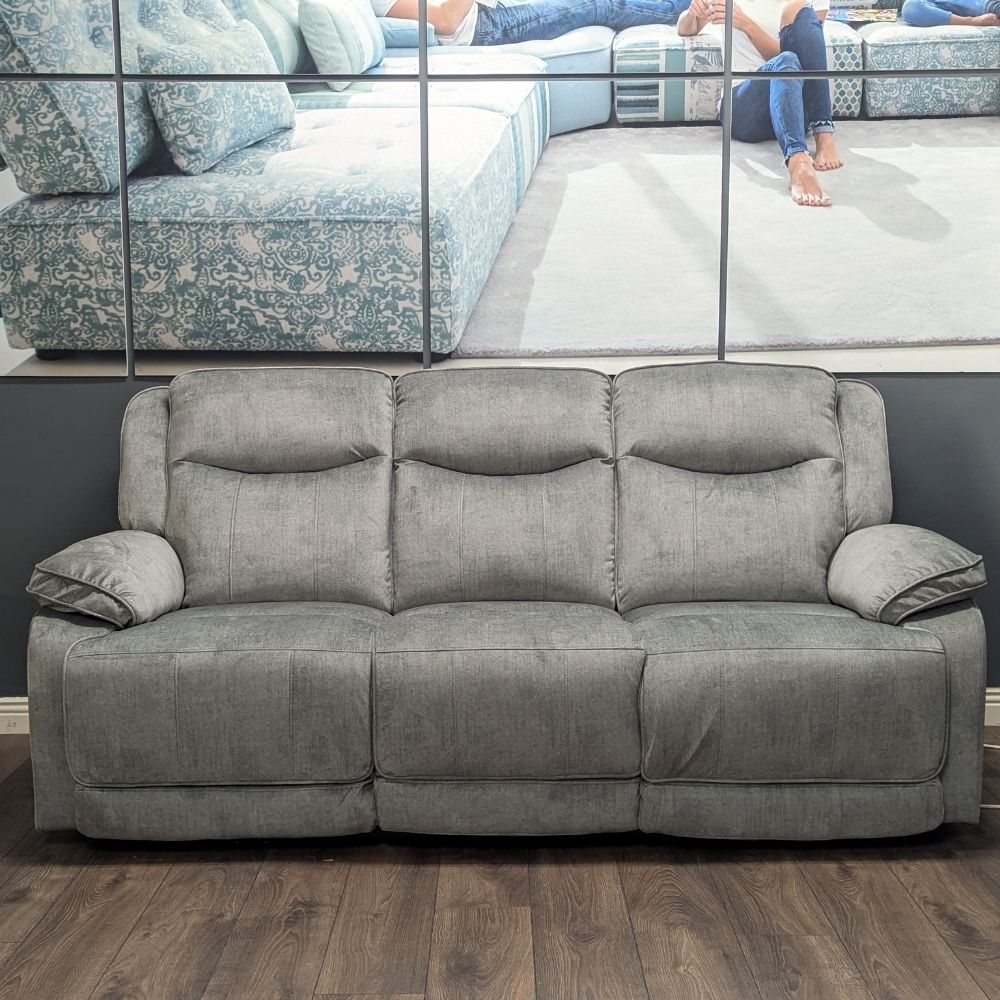 Silver - grey 3 seater electric reclining sofa with built in USB charging port, pictured in our furniture showroom in cork